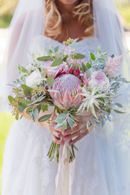 Mint and Gold Wedding with Proteas and Floral Chandelier